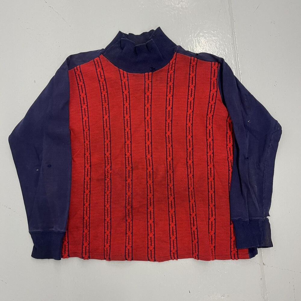 Vintage 60s Blue/Red Cotton Pattern Mock Neck T-Shirt